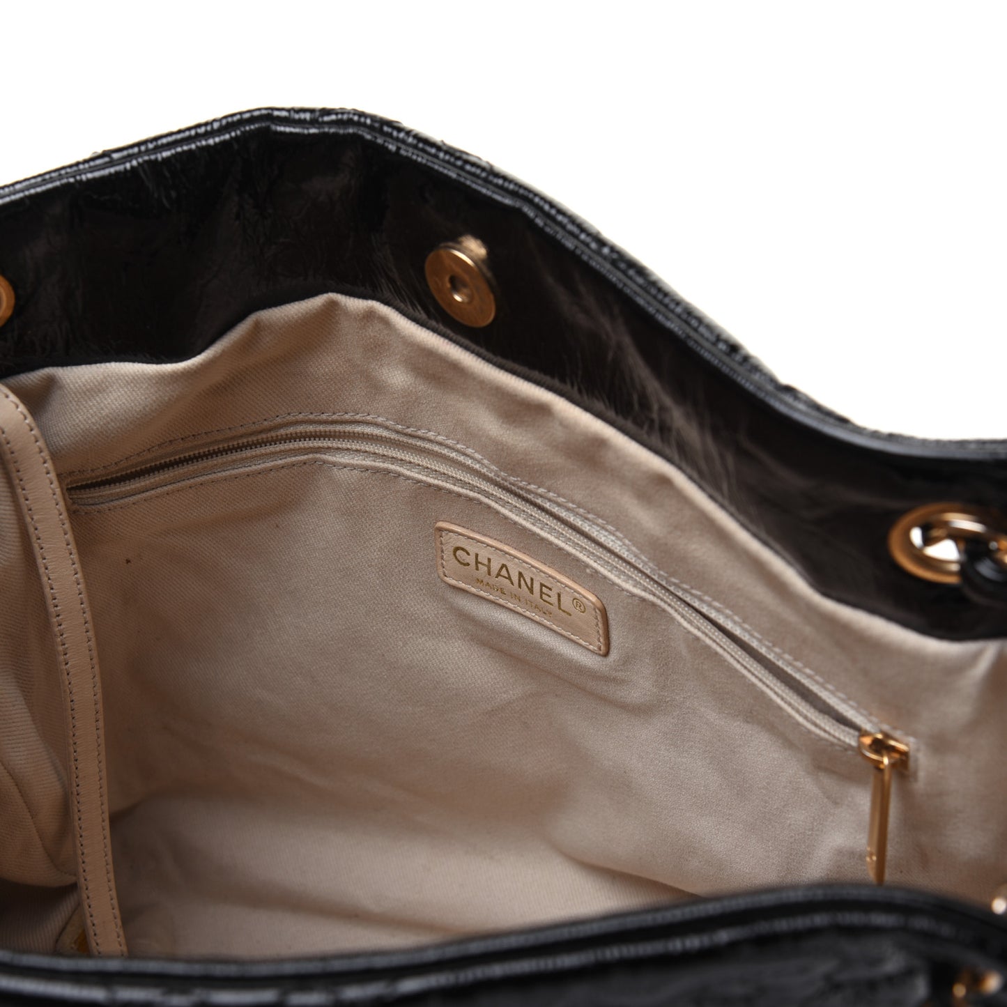 Crackled Patent Puzzle Tote Black