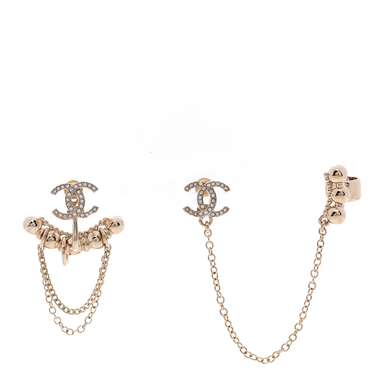 Chanel Metal Crystal CC Chain Cuff Earrings Gold 1 of 4
