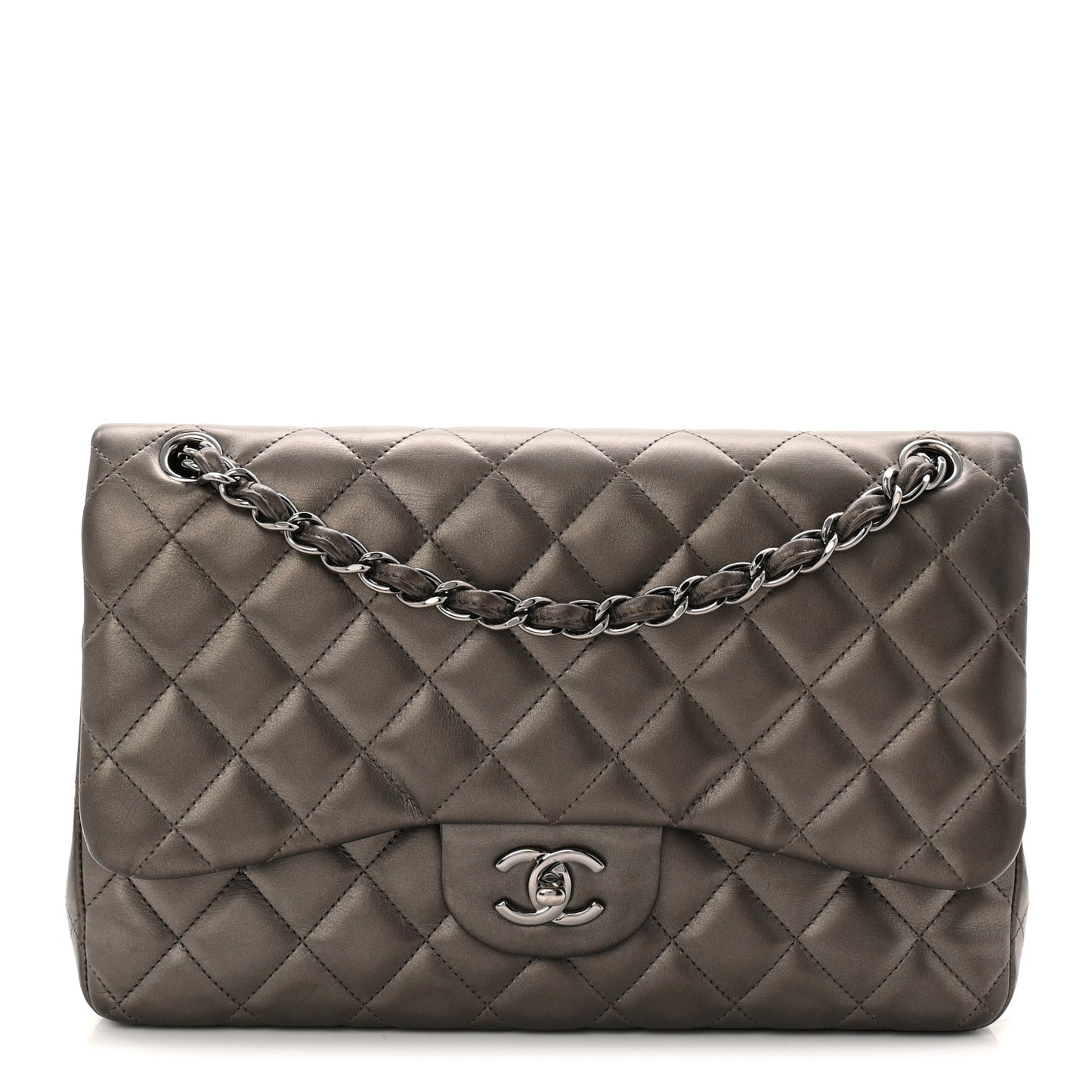 Metallic Lambskin Quilted Jumbo Double Flap Pewter