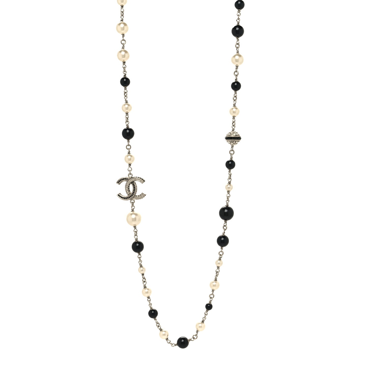 Metal Pearl Crystal Bead CC Long Necklace Silver Black