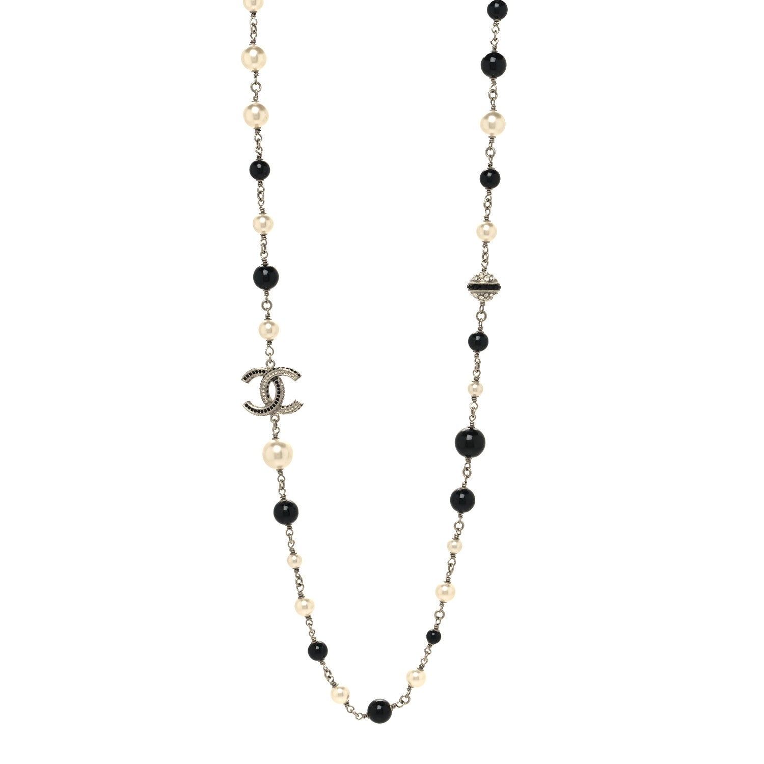 Chanel Metal Pearl Crystal Bead CC Long Necklace Silver Black 2 of 6