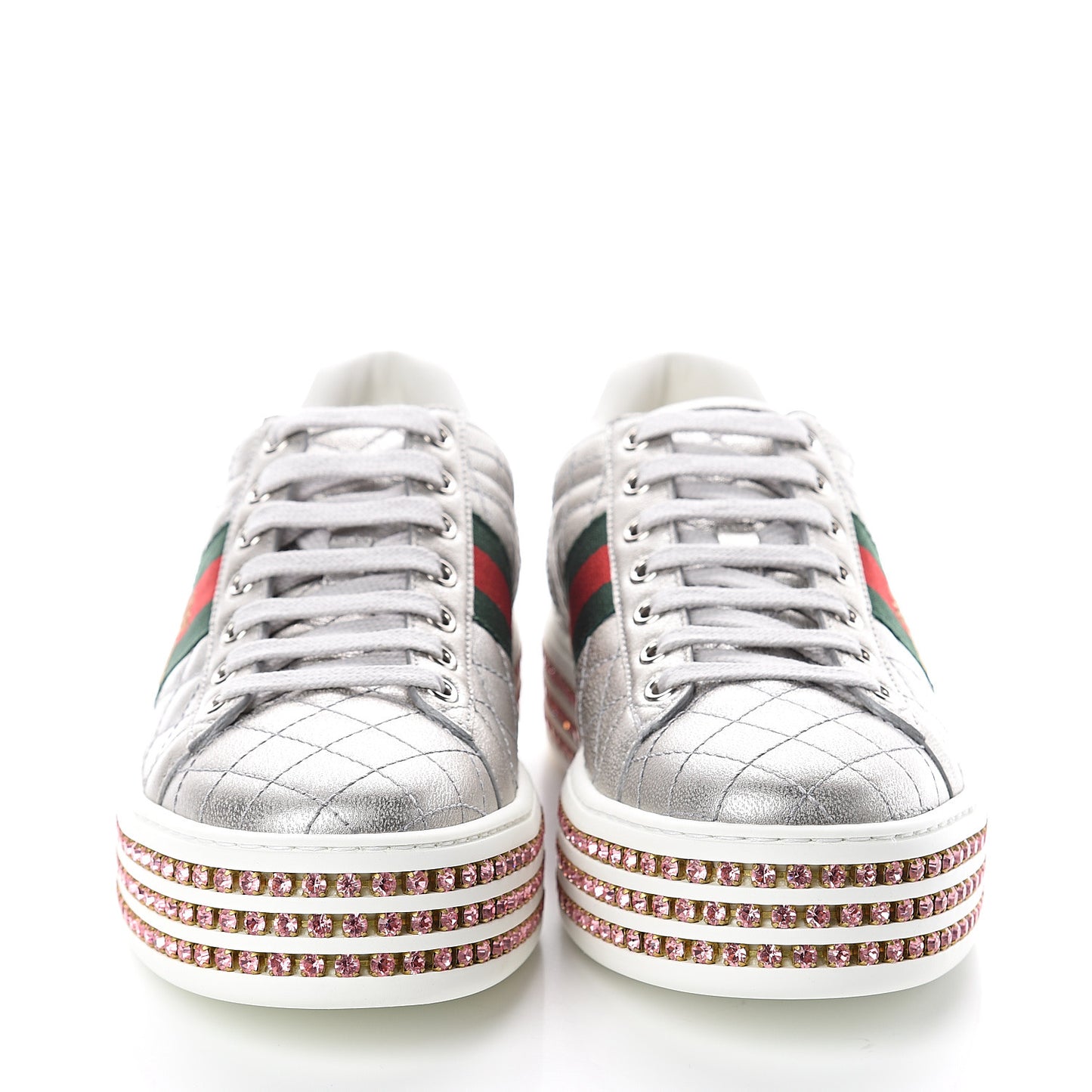 Laminated Nappa Crystal Web Bee Embroidered Trapuntata Womens Ace Platform Sneakers 38 Argento