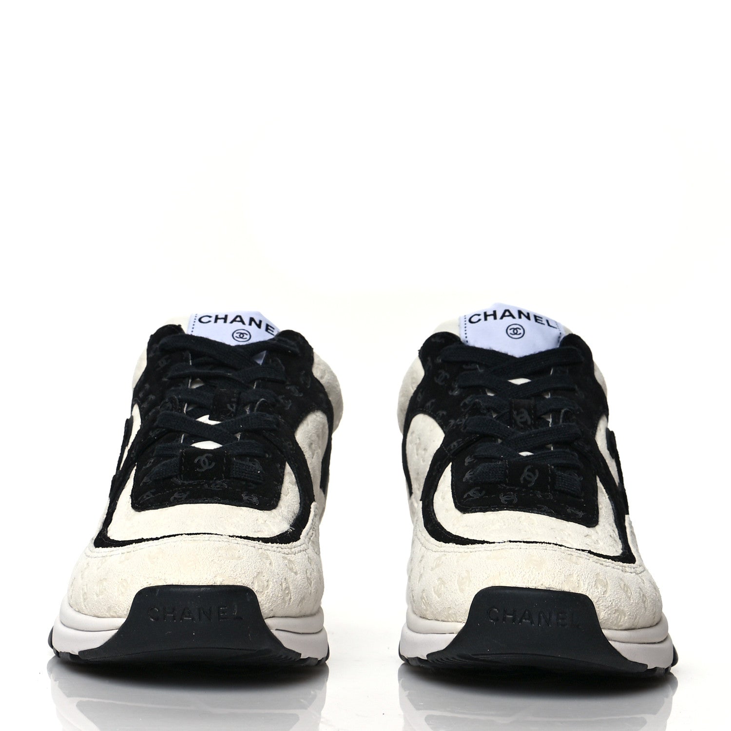 Chanel Suede Calfskin Womens CC Printed Sneakers 38.5 White Black 2 of 9