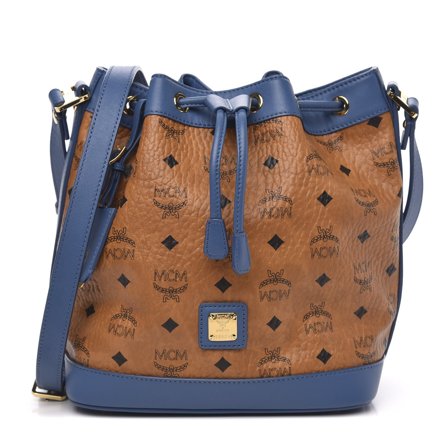 MCM Visetos Small Heritage Drawstring Bucket Bag Cognac Blue 1 of 9
