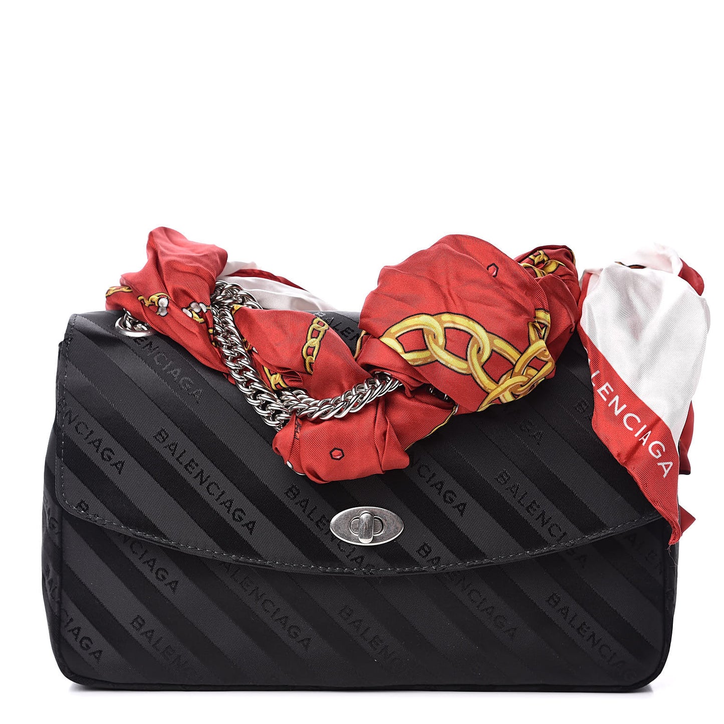 Nylon Jacquard Diagonal Logo Medium Scarf Lock Chain Shoulder Bag Black Red