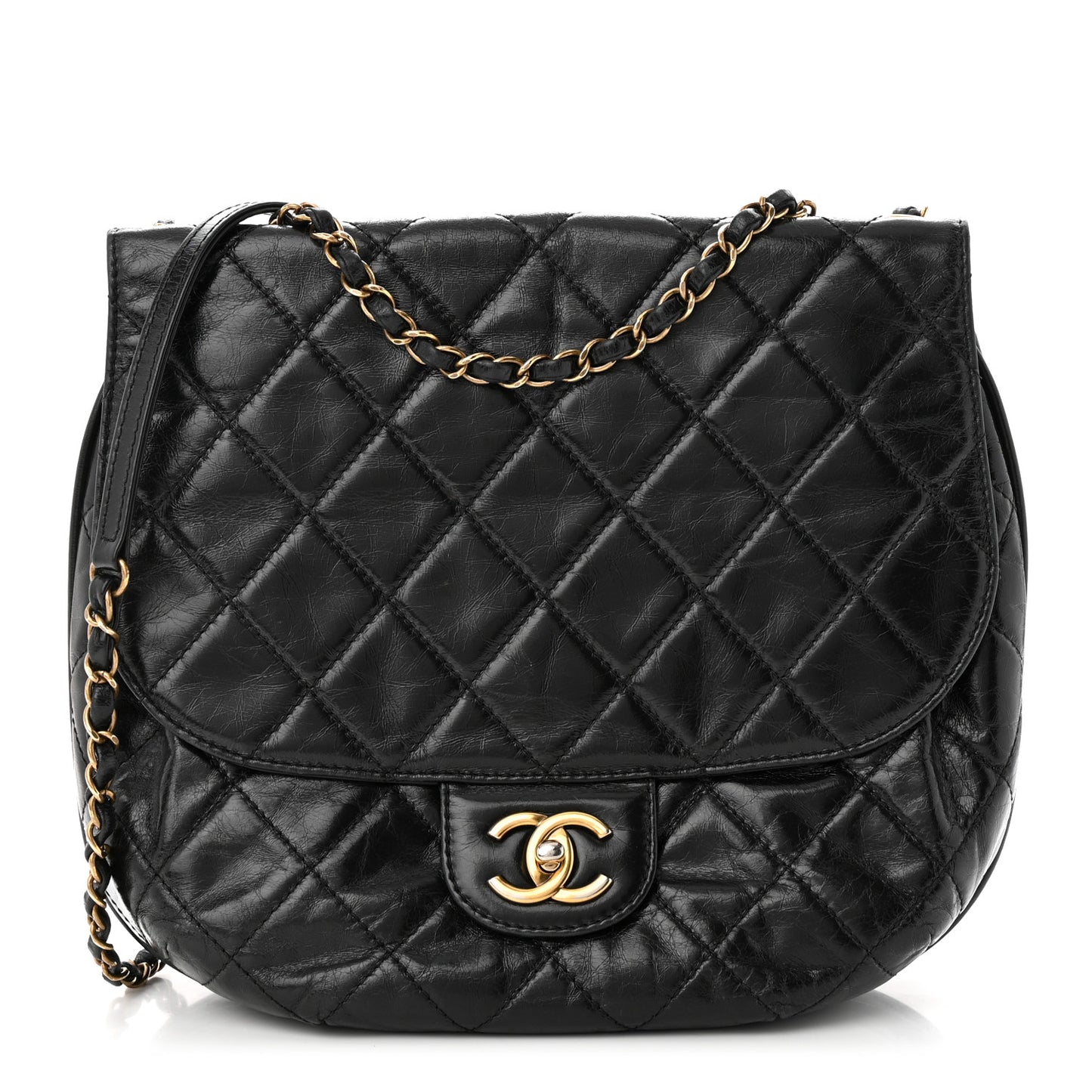 Glazed Calfskin Quilted Medium Bubble CC Flap Black