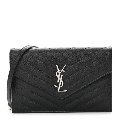 Saint Laurent Grain De Poudre Matelasse Chevron Monogram Envelope Chain Wallet Black 1 of 10
