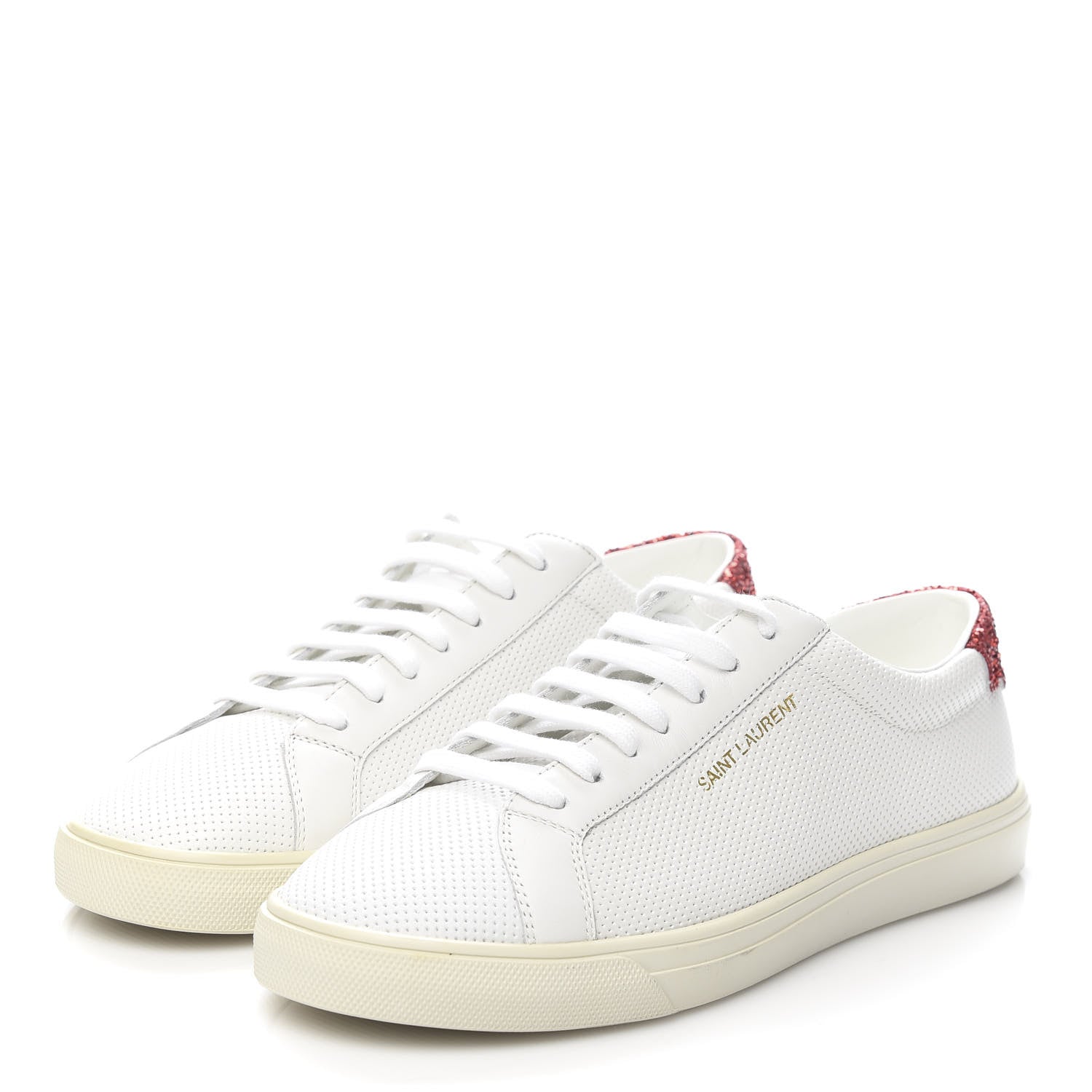 Saint Laurent Perforated Calfskin Glitter Andy Low Top Sneakers 37 White Red 3 of 9