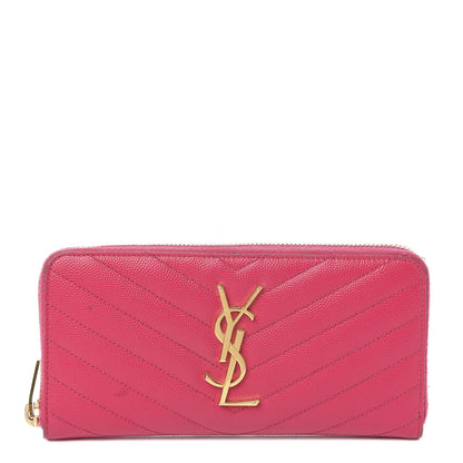 Saint Laurent Grain De Poudre Matelasse Chevron Monogram Zip Around Wallet Fuchsia 1 of 10