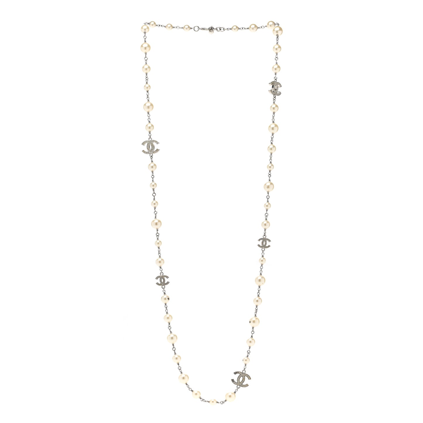 Graduated Pearl Crystal CC Long Necklace Silver