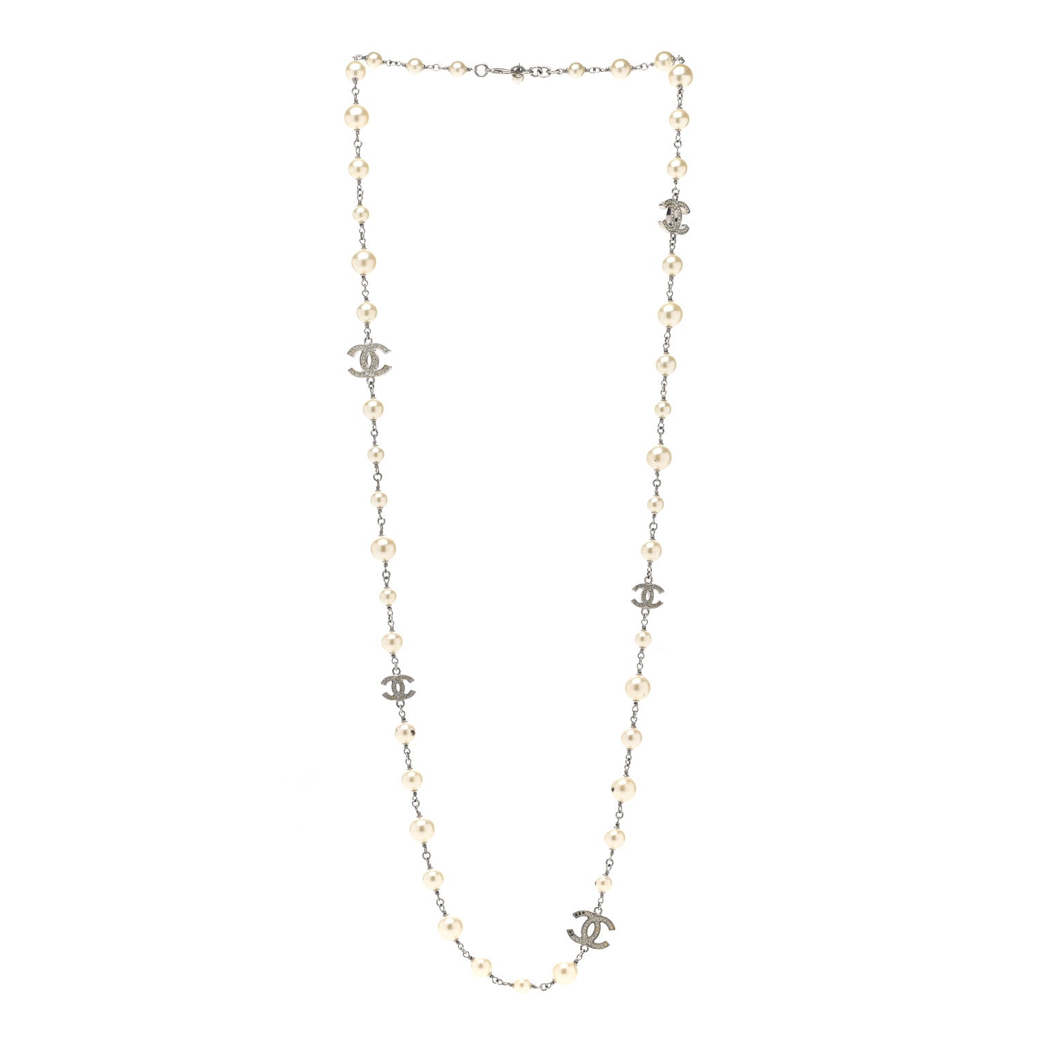 Chanel Graduated Pearl Crystal CC Long Necklace Silver 3 of 8