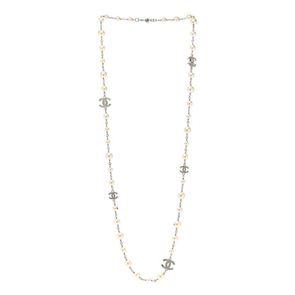 Chanel Graduated Pearl Crystal CC Long Necklace Silver 3 of 8