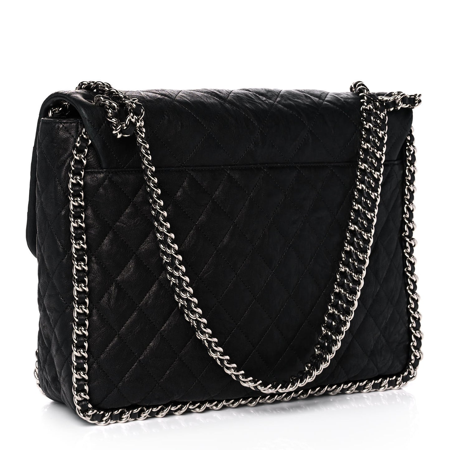Washed Lambskin Quilted Maxi Chain Around Flap Black