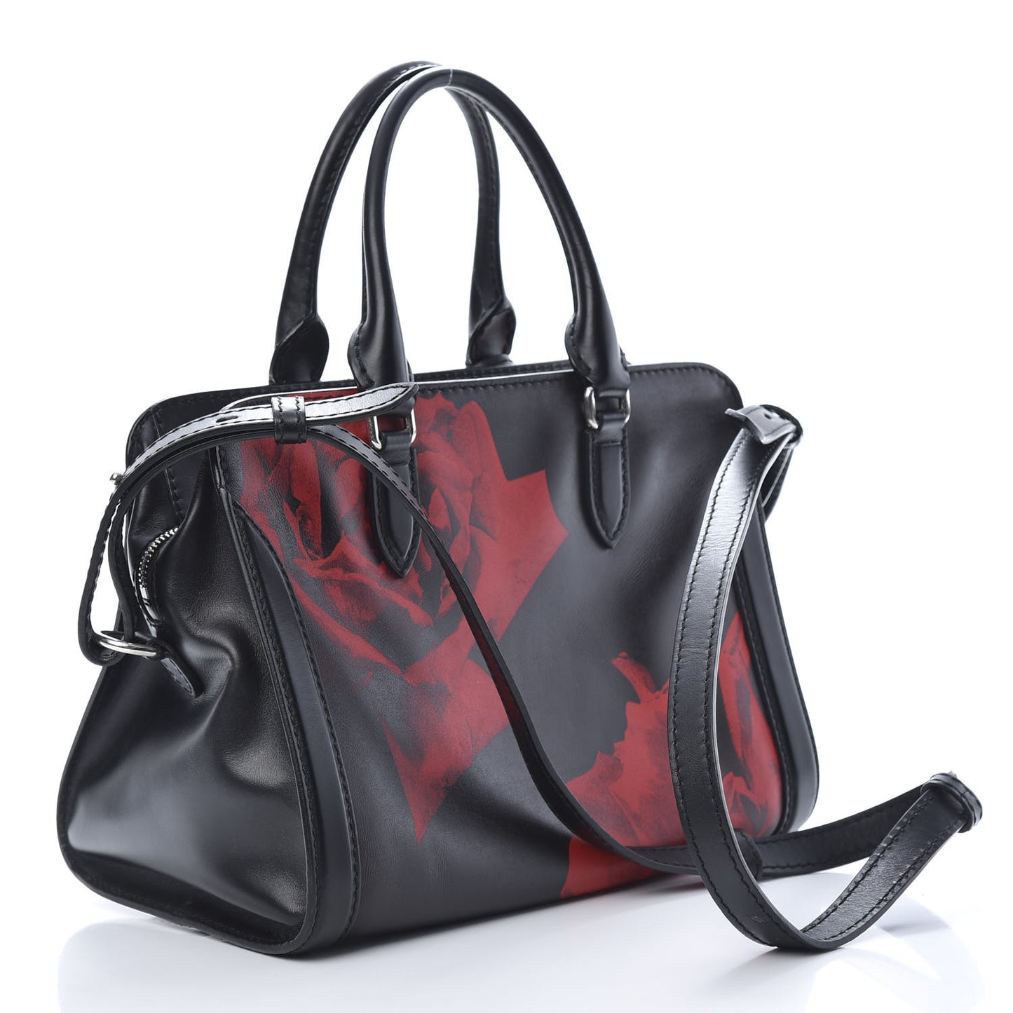 Calfskin Rose Printed Small Skull Padlock Zip Around Tote Black