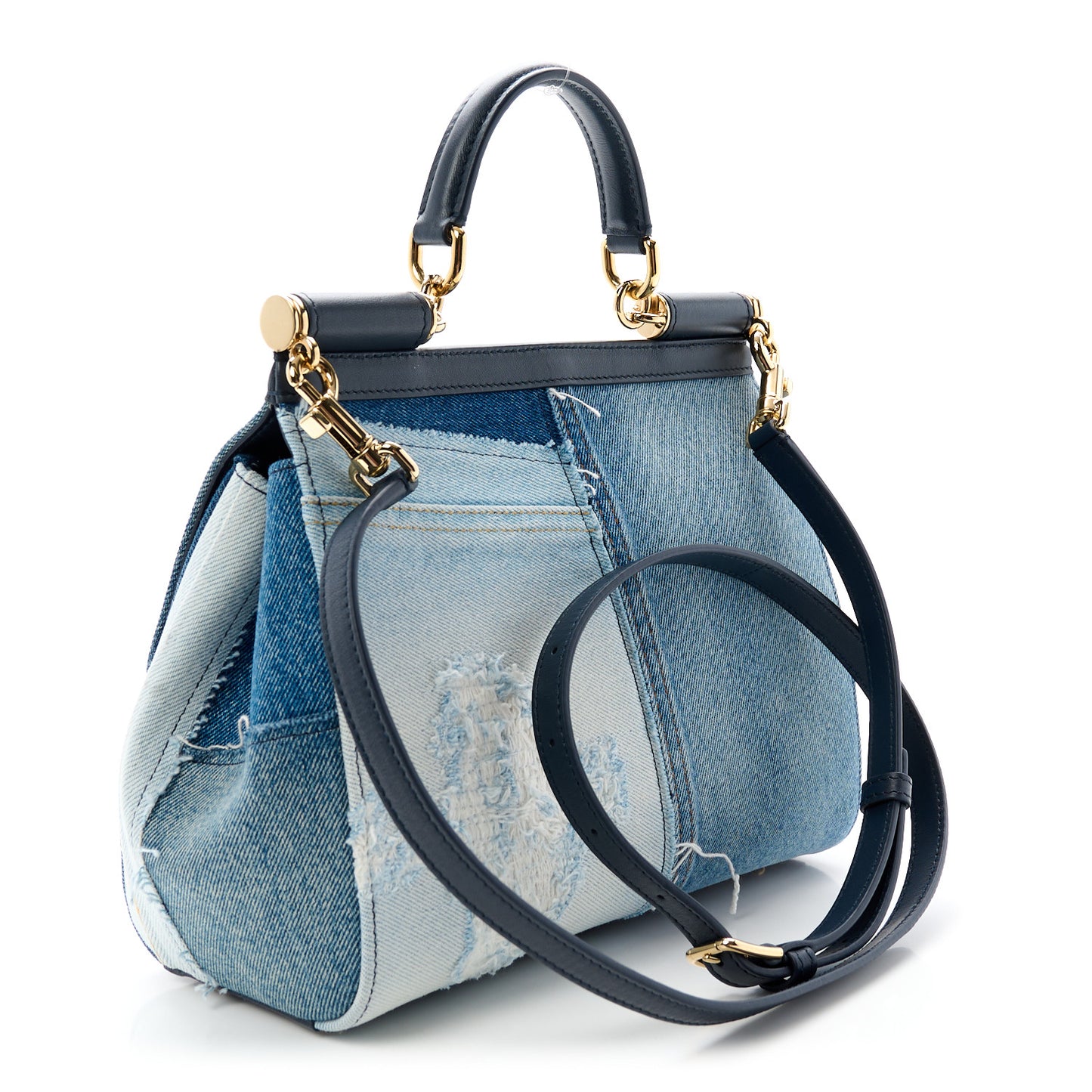 Calfskin Denim Patchwork Medium Miss Sicily Satchel Blue