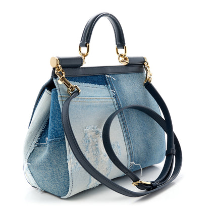 Dolce & Gabbana Calfskin Denim Patchwork Medium Miss Sicily Satchel Blue 3 of 9