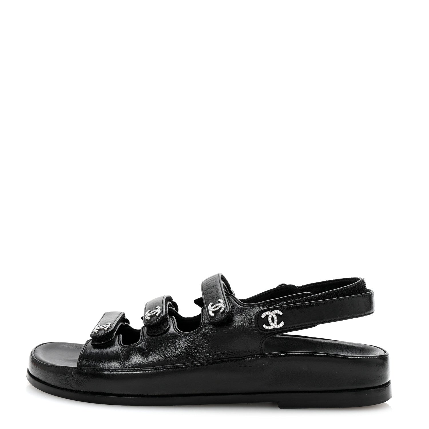 Chanel Lambskin Crystal CC Velcro Dad Sandals 37 Black 1 of 10
