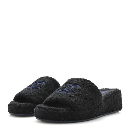 Chanel Terry CC Flat Mules Sandals 41 Black Navy 4 of 9