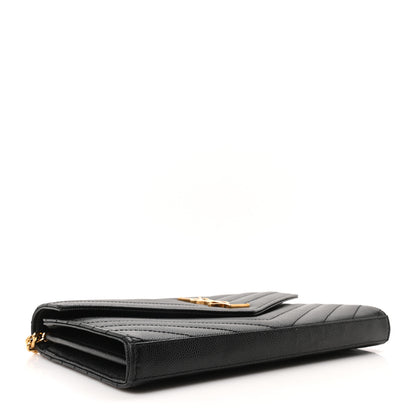 Saint Laurent Grain De Poudre Matelasse Chevron Monogram Envelope Chain Wallet Black 4 of 10