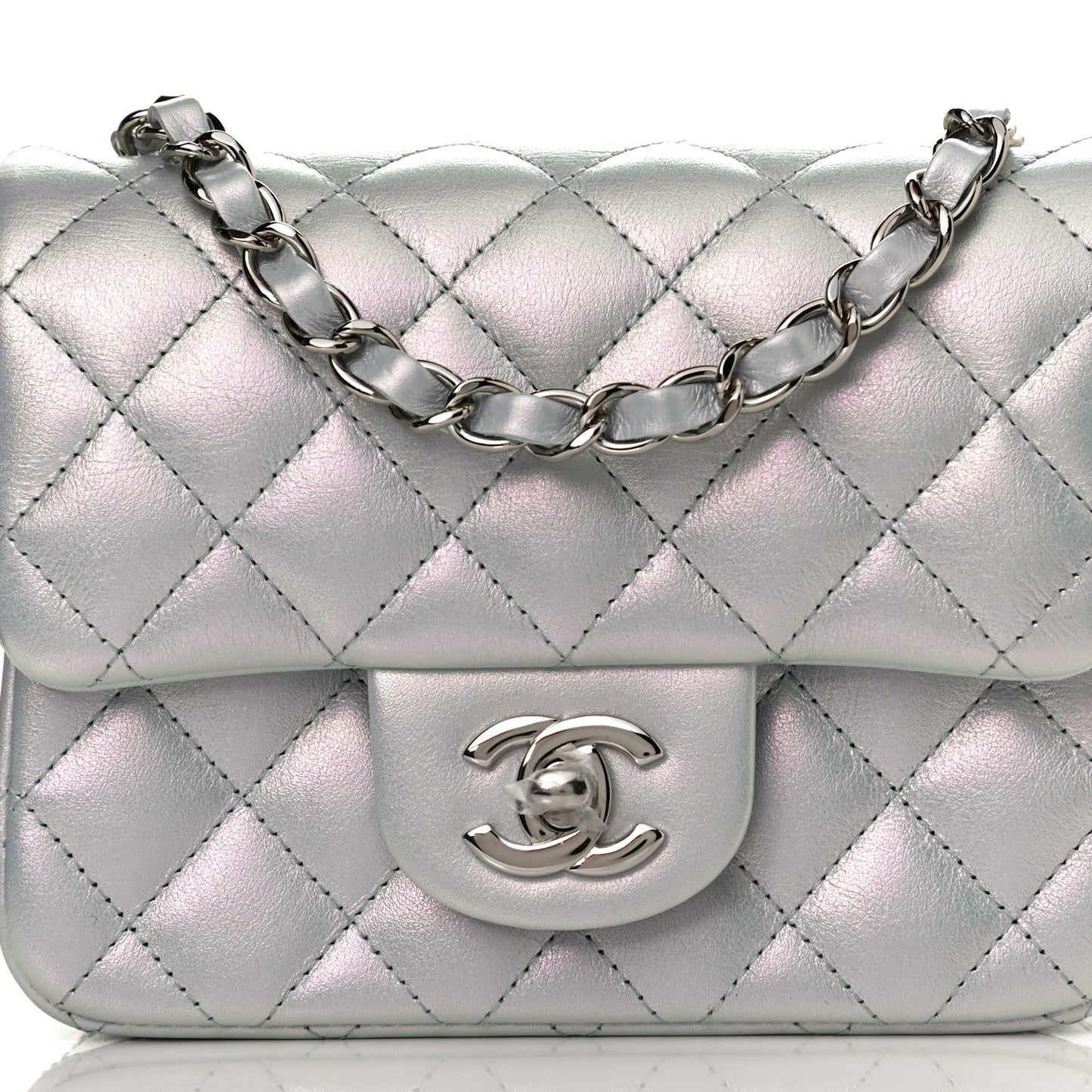 Iridescent Lambskin Quilted Mini Square Flap Light Blue