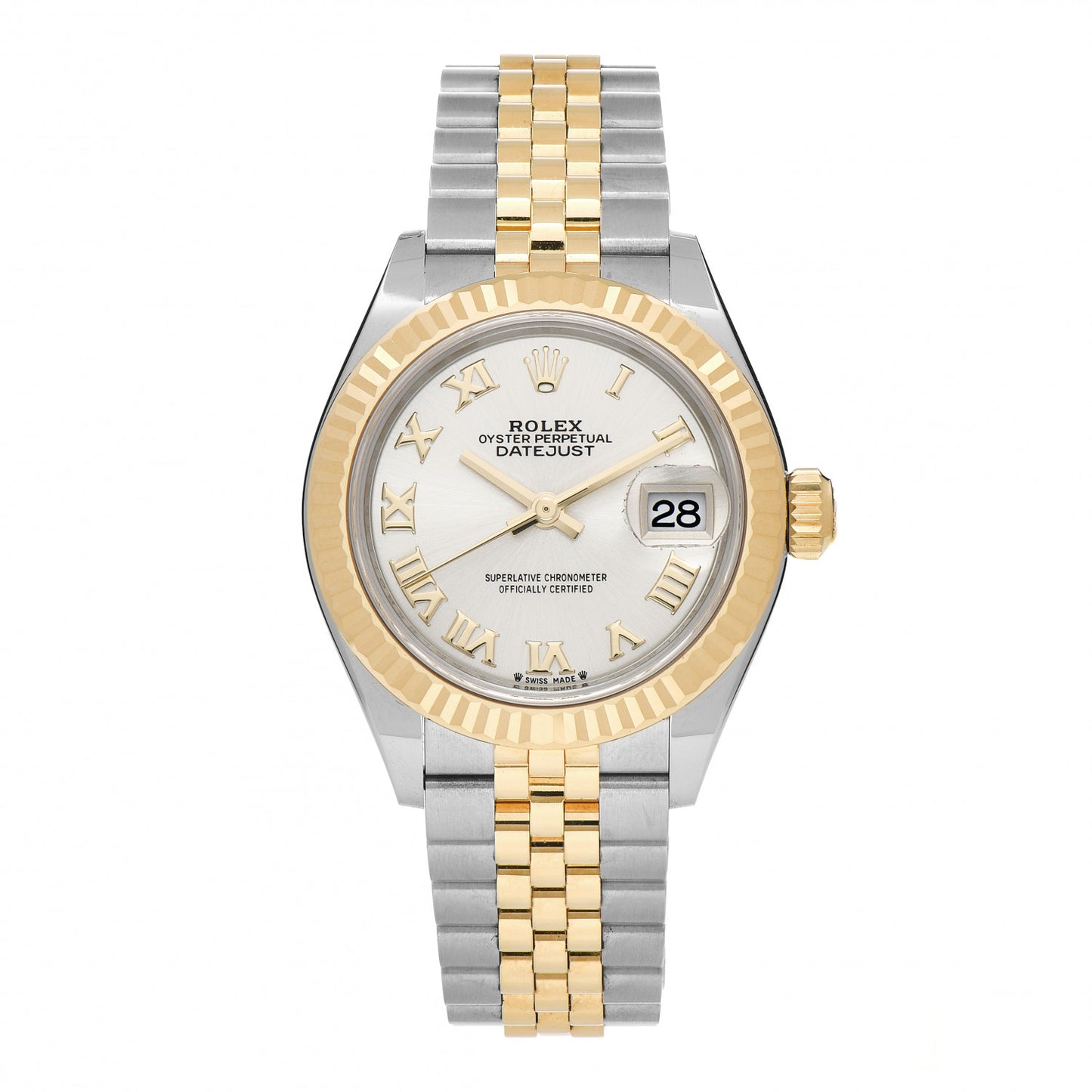 Stainless Steel 18K Yellow Gold 28mm Oyster Perpetual Datejust Watch Silver Roman 279173