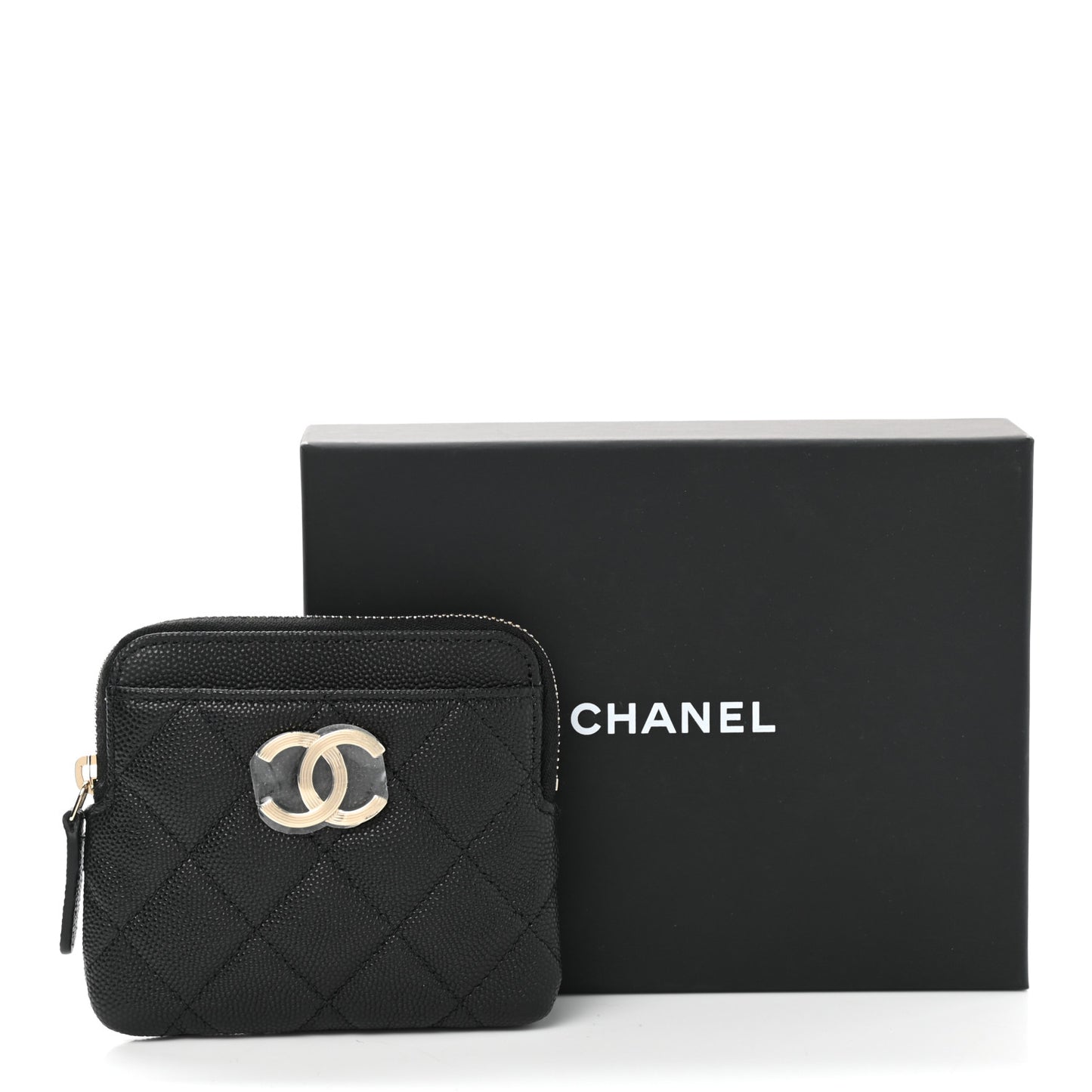 Caviar Metal Quilted Striated Zip Card Holder Wallet Black