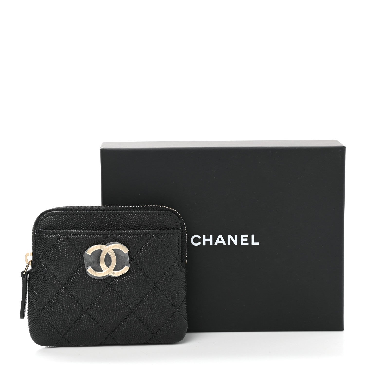 Chanel Caviar Metal Quilted Striated Zip Card Holder Wallet Black 8 of 8