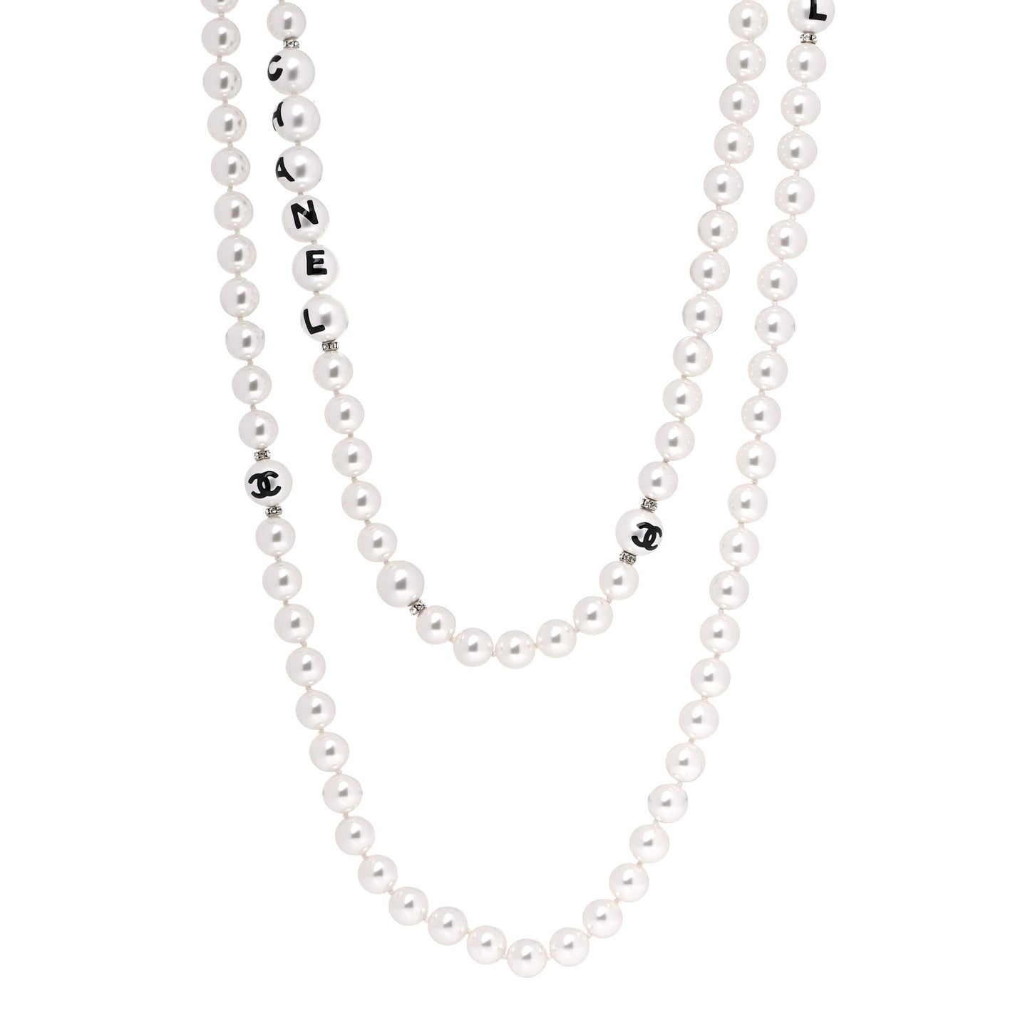 Pearl Crystal Long CC Logo Necklace Gold