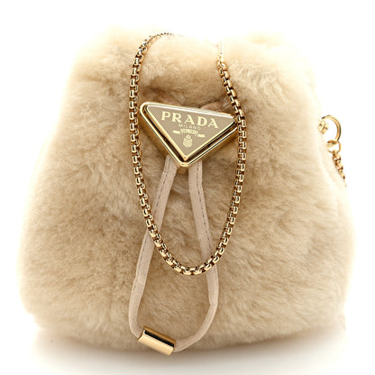 Prada Shearling Metal Triangle Logo Mini Drawcord Pouch Shoulder Bag Ecru 1 of 8