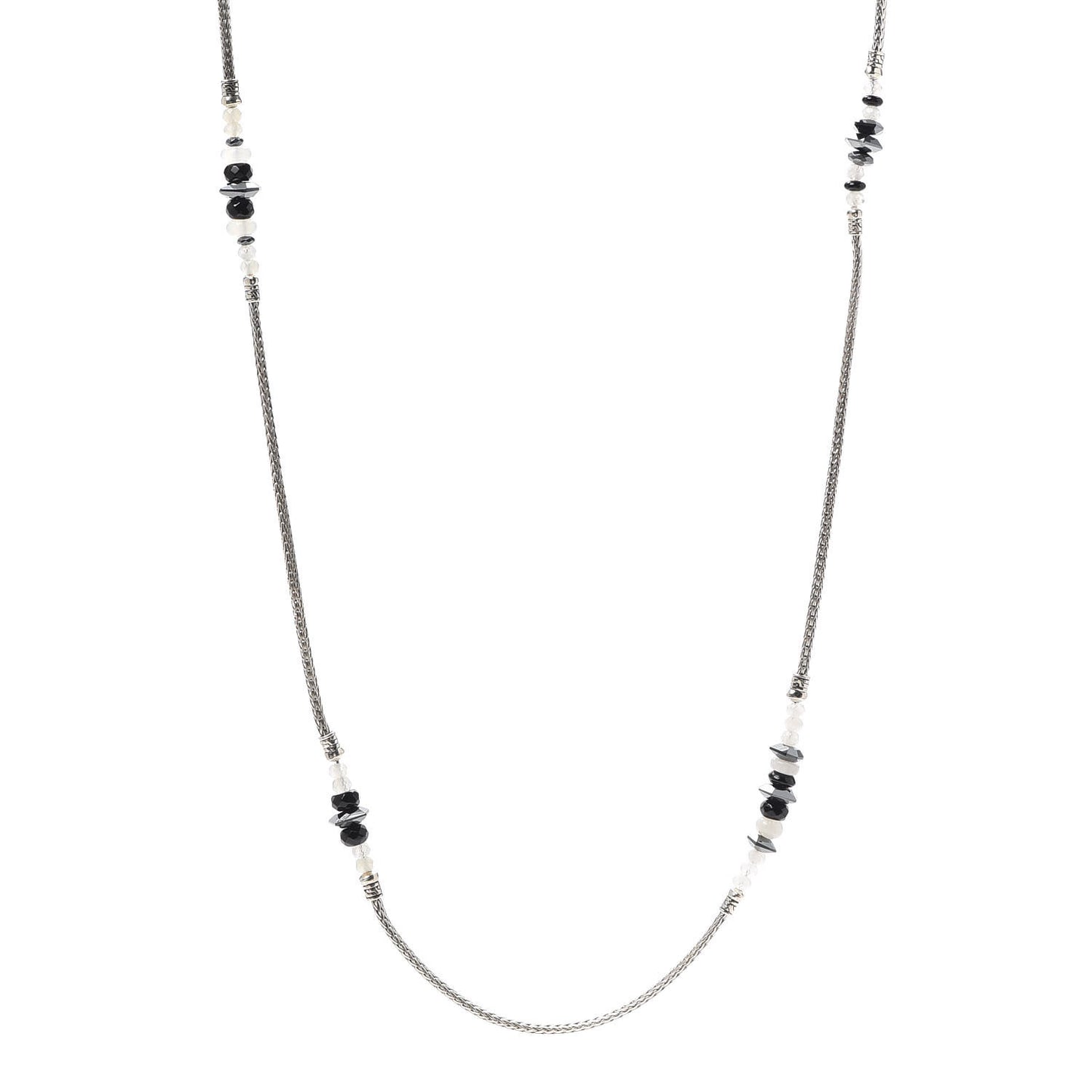 Sterling Silver Hematite Moonstone Black Onyx Classic Chain Station Necklace