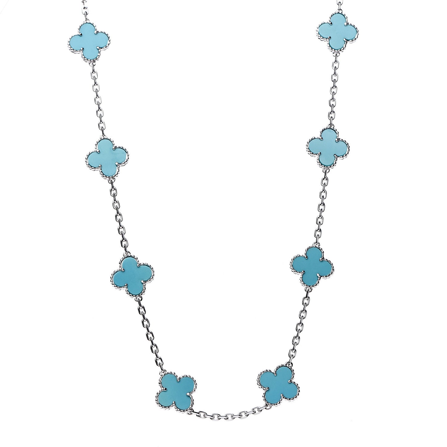 18K White Gold Turquoise 10 Motifs Vintage Alhambra Necklace