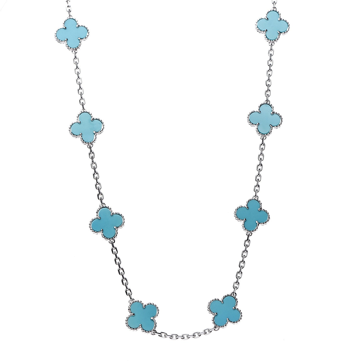 Van Cleef & Arpels 18K White Gold Turquoise 10 Motifs Vintage Alhambra Necklace 1 of 7