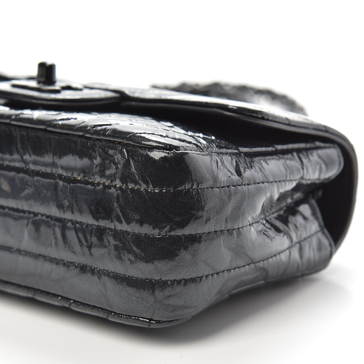 Patent Metallic Crumpled Calfskin Chevron Quilted Mini Rectangular Flap So Black