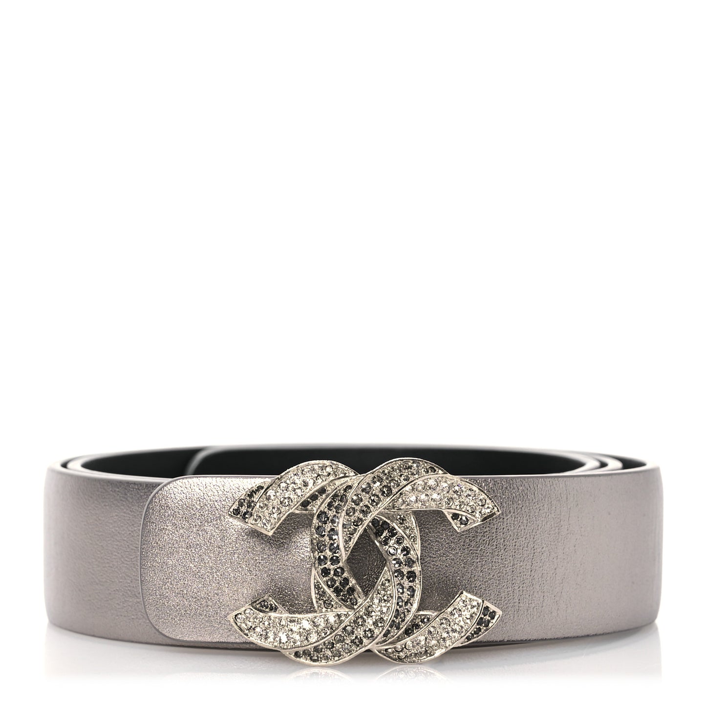 Metallic Calfskin Crystal CC Chain Belt 75 30 Silver