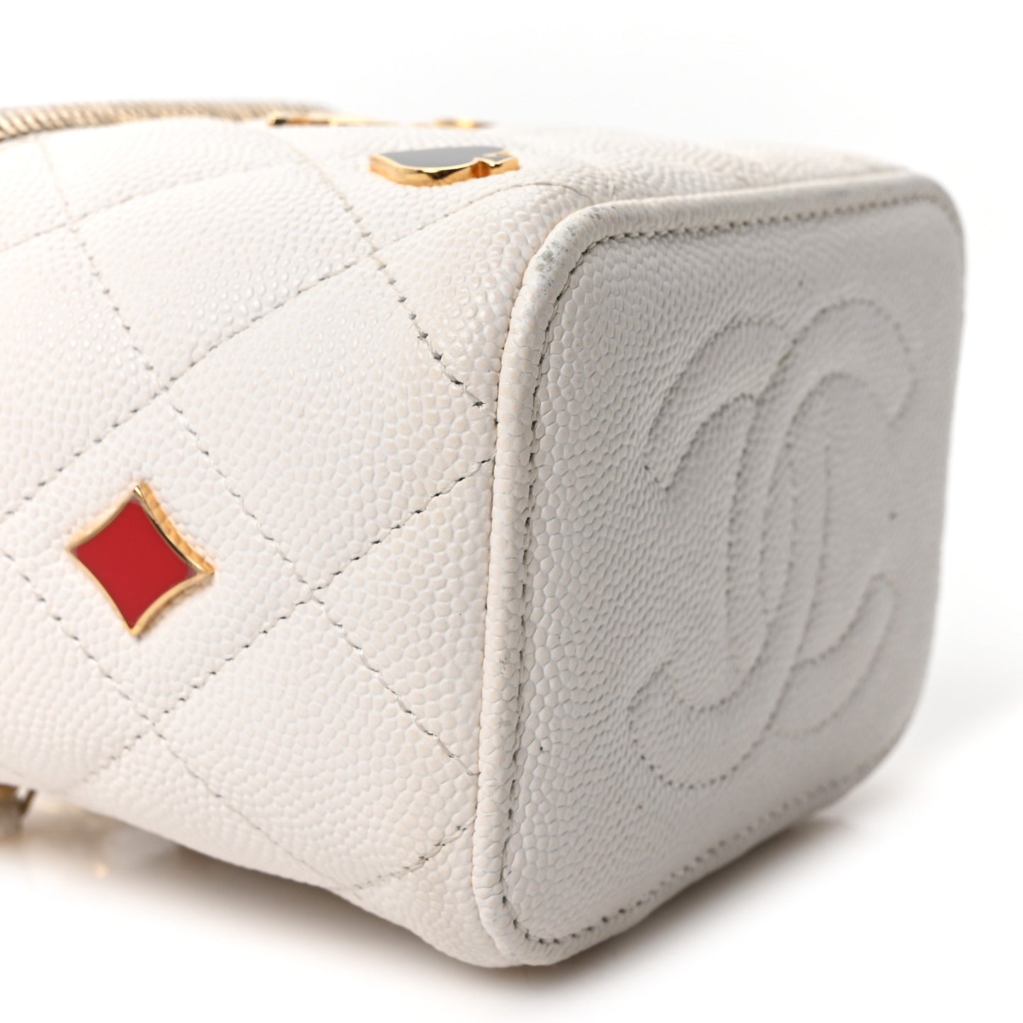 Caviar Quilted Enamel Coco Casino Mini Vanity Case With Chain White