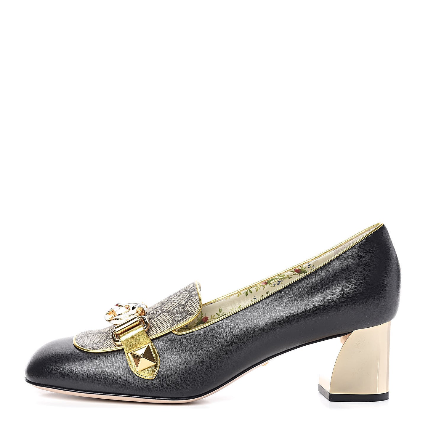 Malaga Kid Nappa GG Supreme Monogram Tiger Head Mid Heel Loafer Pumps 39.5 Black Oro Vecchio Beige