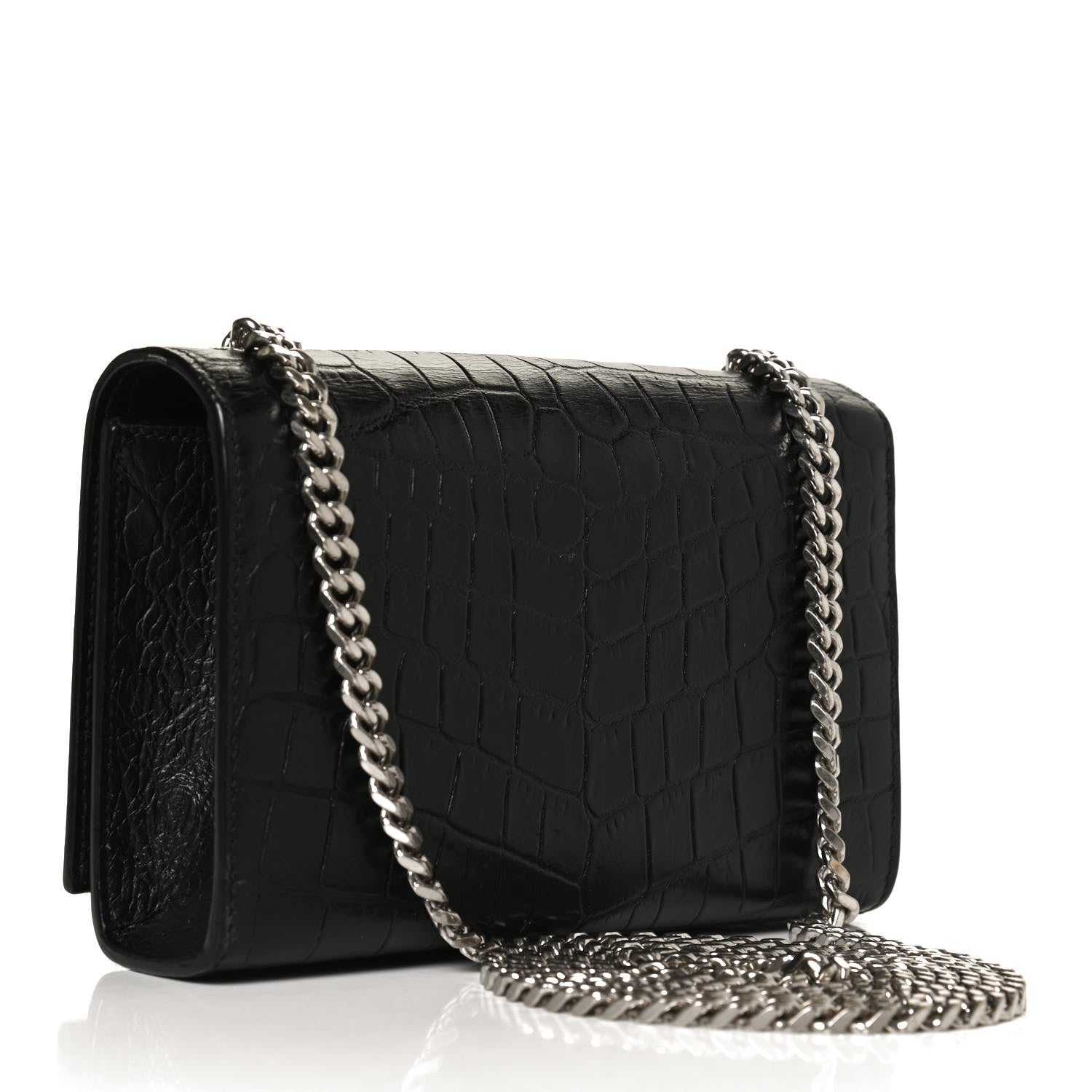 Saint Laurent Calfskin Crocodile Embossed Small Classic Monogram Kate Tassel Satchel Black 3 of 11