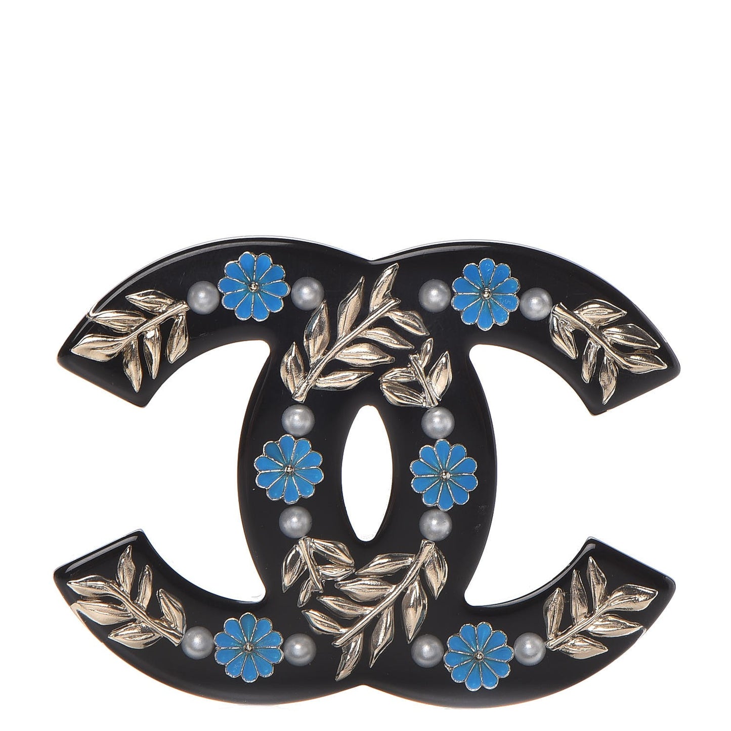 Resin Pearl Enamel Flower CC Brooch Black Blue Gold