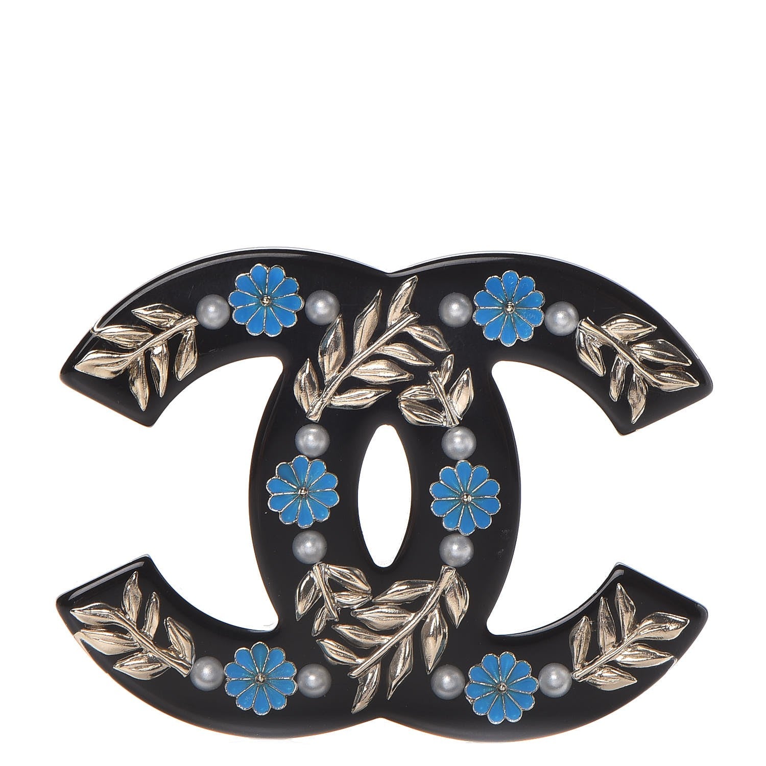 Chanel Resin Pearl Enamel Flower CC Brooch Black Blue Gold 1 of 5