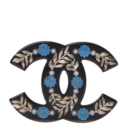 Chanel Resin Pearl Enamel Flower CC Brooch Black Blue Gold 1 of 5