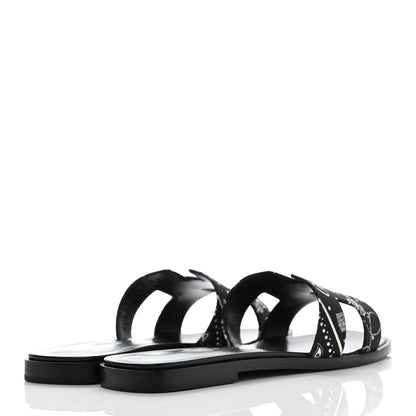 Hermes Cotton Canvas Printed Les Cles Bandana Oran Sandals 37 Black 4 of 9