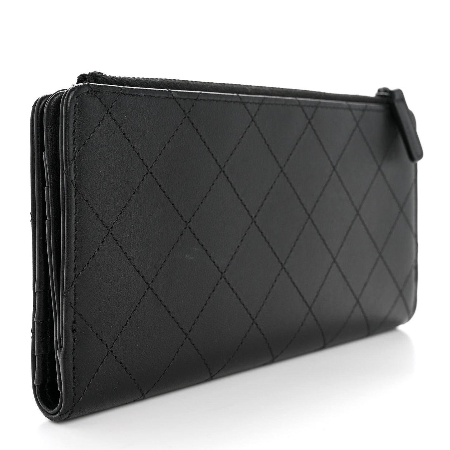 Grained Calfskin Quilted Long Zipped Wallet So Black
