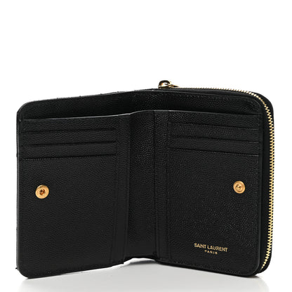 Saint Laurent Grain De Poudre Matelasse Chevron Monogram Compact Zip Around Wallet Black 6 of 10