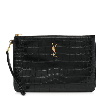 Saint Laurent Calfskin Crocodile Embossed Tablet Pouch Black 1 of 9