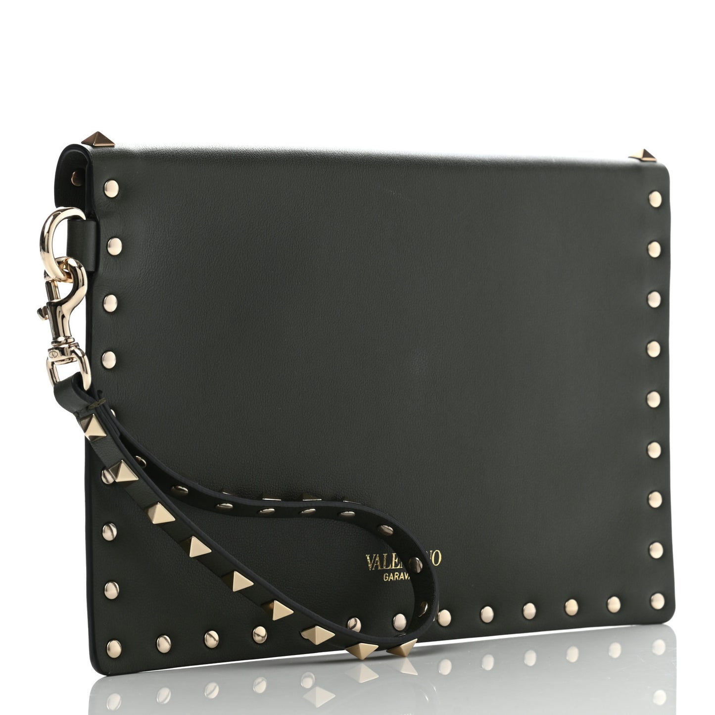 Vitello Rockstud Envelope Wristlet Clutch Olive Green