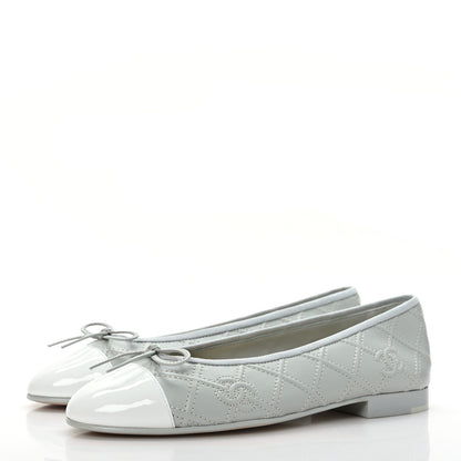 Chanel Lambskin Patent Double Stitched CC Cap Toe Ballerina Flats 37.5 Grey 3 of 8