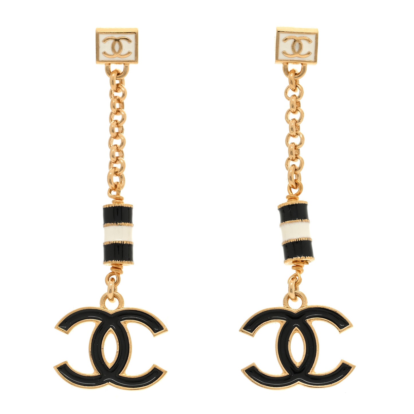 Metal Enamel CC Square Drop Earrings Gold White Black