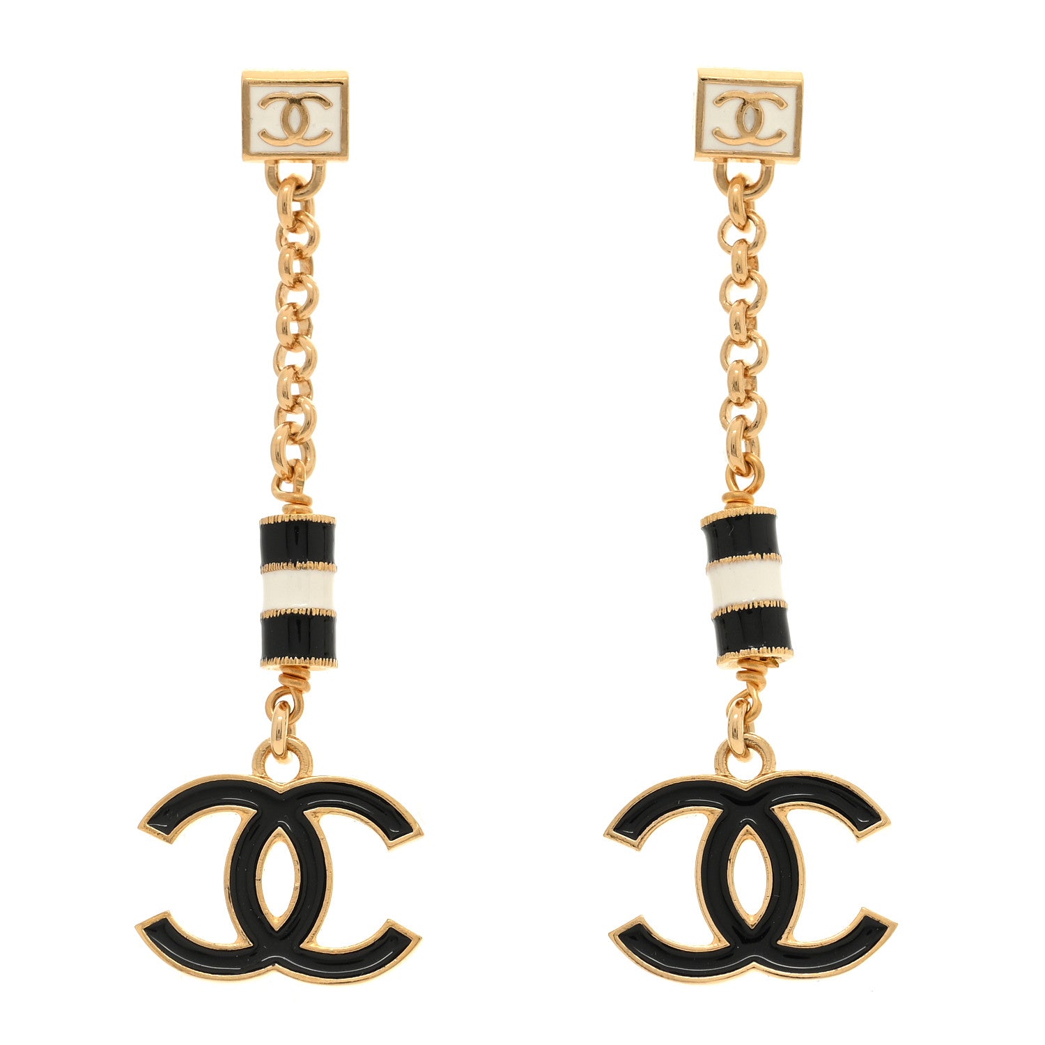 Chanel Metal Enamel CC Square Drop Earrings Gold White Black 1 of 5