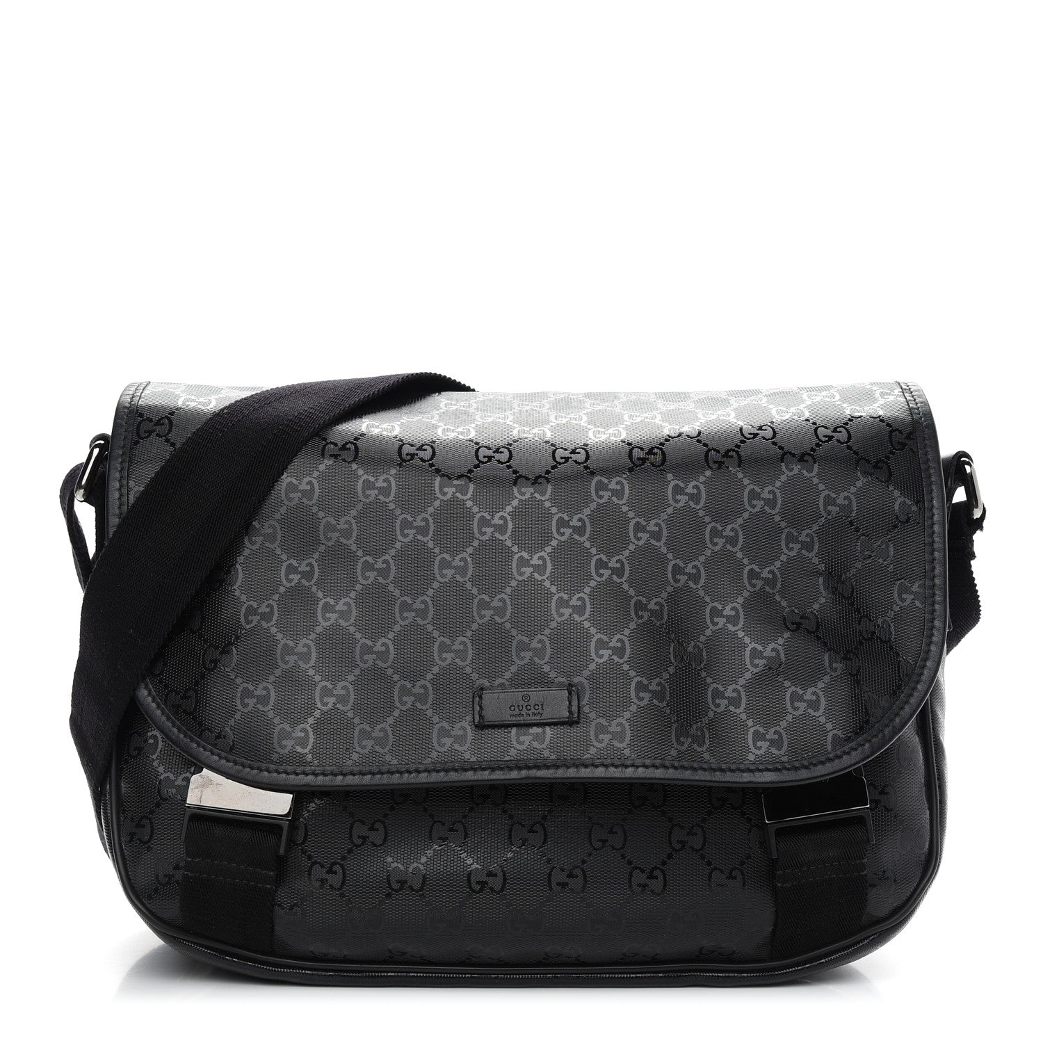 Gucci Imprime Monogram Medium Double Buckle Flap Messenger Bag Black 1 of 10