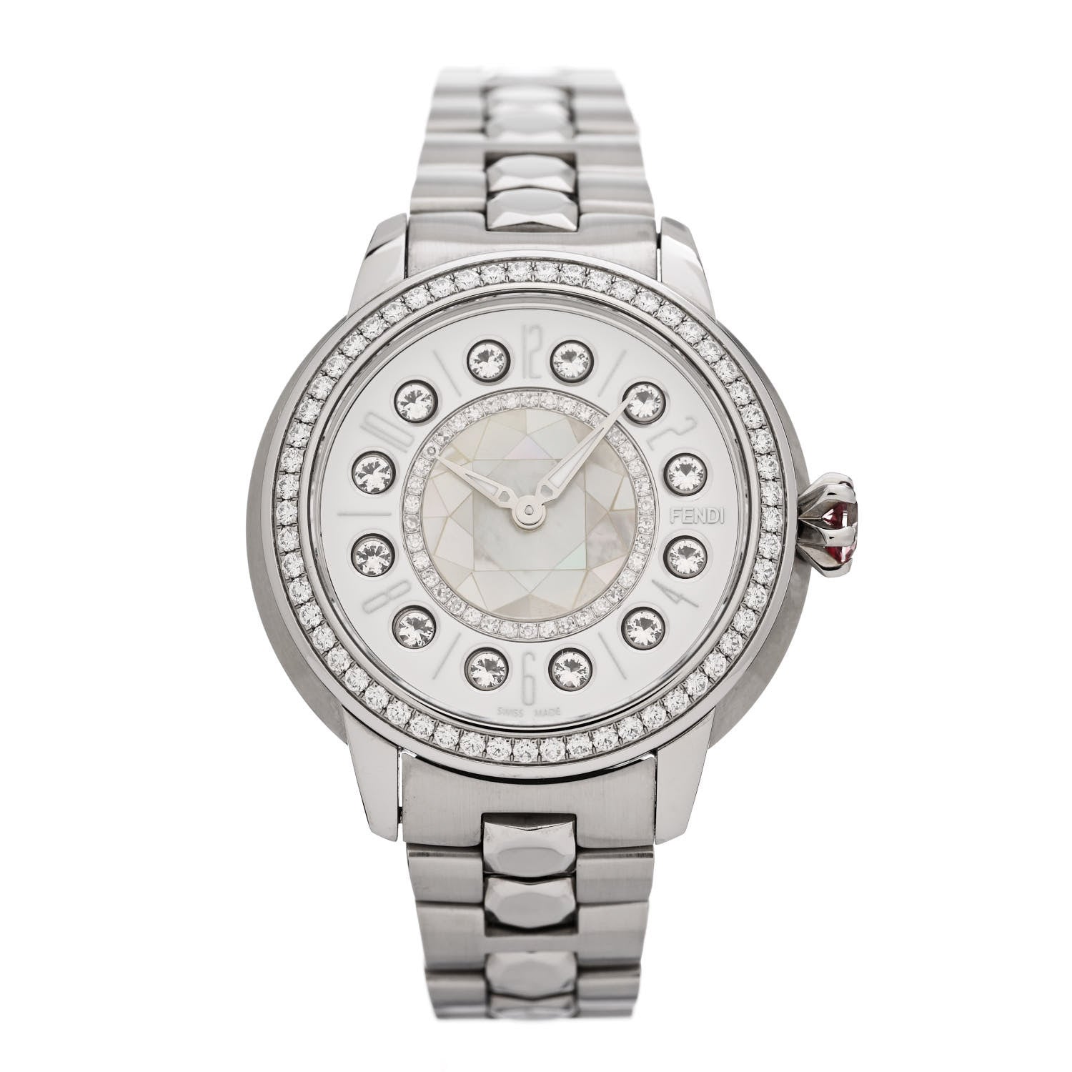 Fendi Stainless Steel Diamond Bezel Mother of Pearl Topaz 34mm Crazy Carats Quartz Watch 2 of 7